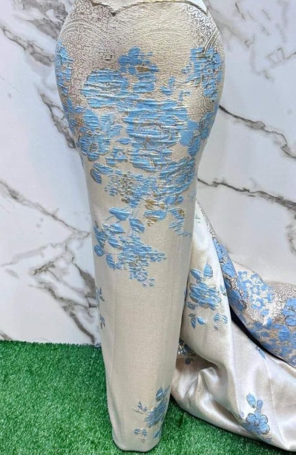 White and Light Blue Brocade Fabric