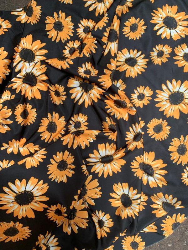 Black Sunflower Patterned Crepe Fabric